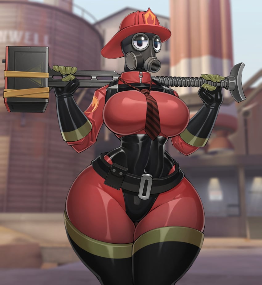 1girls 2020s 2024 2d 2d_(artwork) big_thighs black_clothing bottom_heavy breasts busty csarphong eyes female female_focus female_only fempyro gas_mask hammer hi_res highres holding_hammer hourglass_figure large_thighs latex latex_bodysuit looking_at_viewer necktie pyro_(team_fortress_2) red_clothing rule_63 skin_tight skin_tight_suit slim_waist solo solo_female solo_focus standing team_fortress_2 thick_thighs thighhighs thighs tie two_handed_weapon valve voluptuous zipper