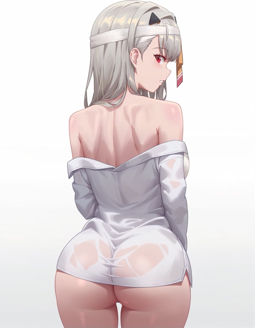 1girls ass ass_focus female_only goddess_of_victory:_nikke looking_at_viewer modernia_(first_affection)_(nikke) modernia_(nikke) red_eyes see-through_clothing shirt shirt_only silver_hair thigh_gap wet_clothes white_background