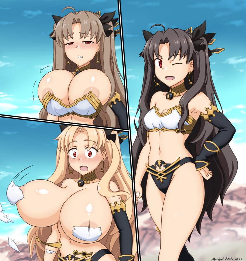 1girls abridged-satoko alternate_breast_size bimbofication black_hair blonde_hair breast_expansion breasts_bigger_than_head censored_nipples convenient_censoring ereshkigal_(fate) fate/grand_order fate_(series) huge_breasts ishtar_(fate) red_eyes