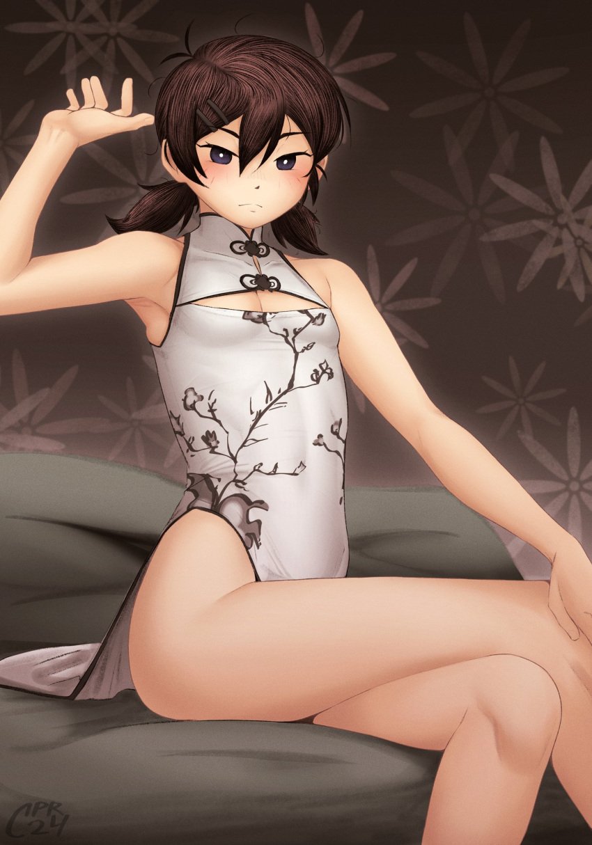 1girls black_hair blush blushing cabronpr cheongsam china_dress femsunny_(omori) genderbent genderswap_(mtf) looking_at_viewer omori on_bed qipao rule_63 sunny_(omori) true_flat_chest white_dress