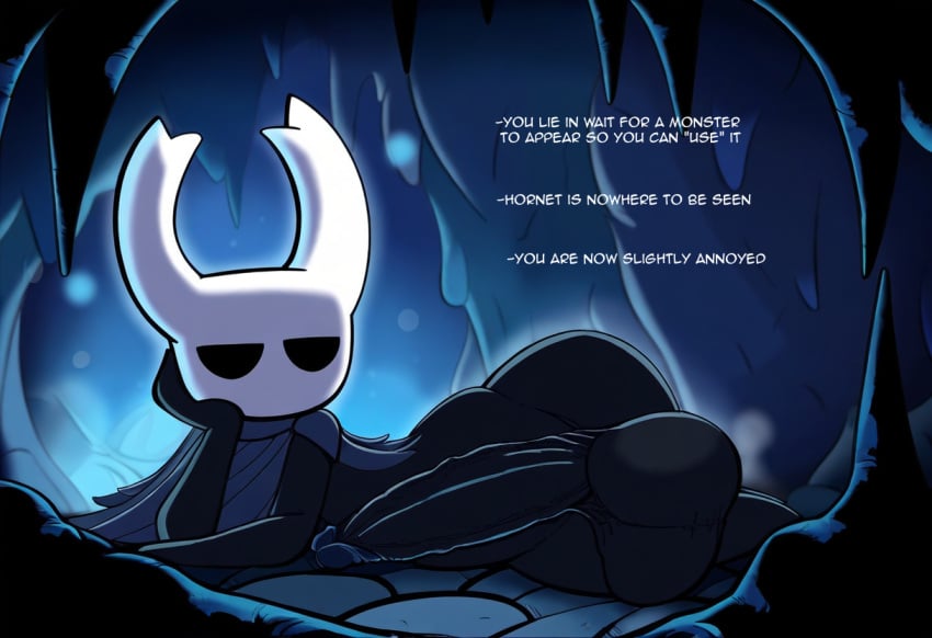 absurd_res ai_generated anthro arm_support arthropod ass balls big_balls big_penis black_body black_eyes black_skin cave cloak clothing erection fecharis foreskin genitals glans hellsonger hellsonger_hollow_knight_ai_art hi_res hollow_knight horn huge_cock humanoid_genitalia humanoid_penis insects looking_at_viewer lying male outside penis plant presenting_penis protagonist_(hollow_knight) retracted_foreskin solo team_cherry text thick_penis tree vessel_(species)