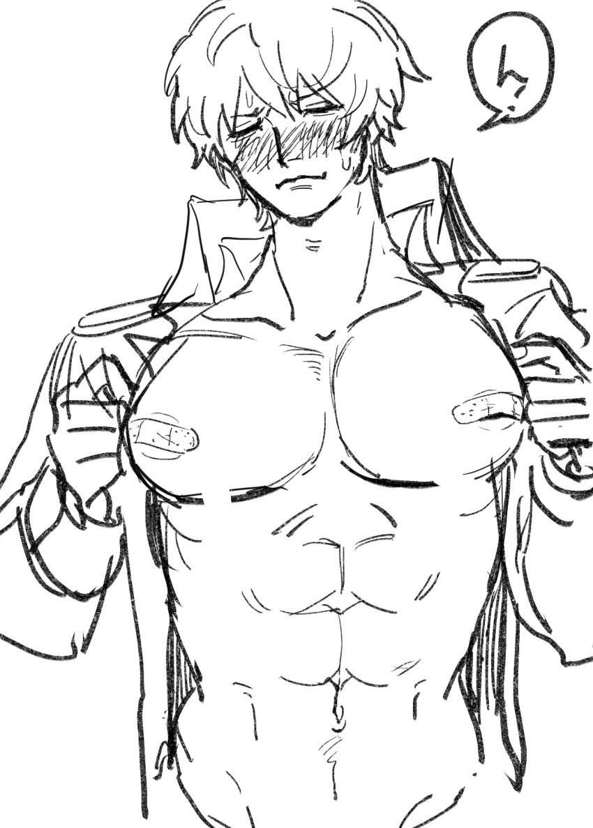 bandaids_on_nipples big_pecs blush closed_eyes covered_nipples donquixote_rosinante embarrassed frym1202 male male_only marine_(one_piece) monochrome muscular muscular_male one_piece open_shirt pecs presenting sketch solo