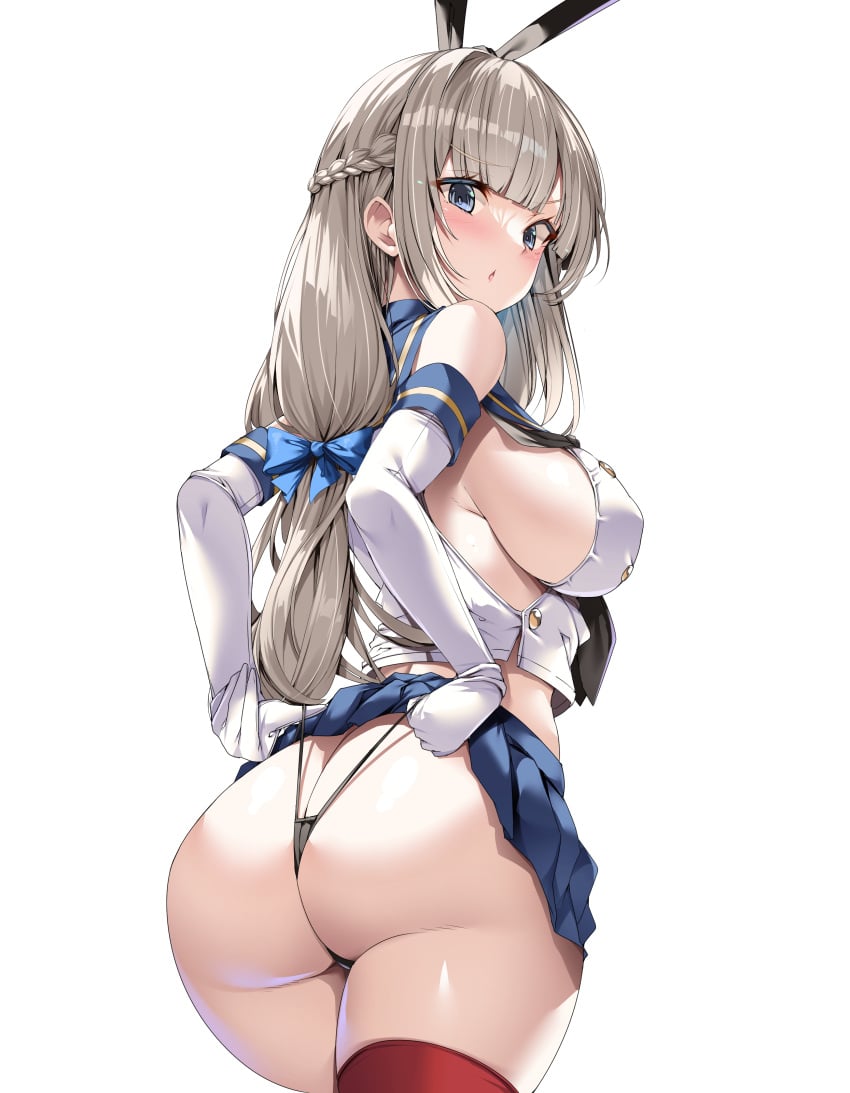 braided braided_hair bunny_ears detached_sleeves looking_at_viewer microskirt playboy_bunny_ears revealing_clothes sailor_uniform sideboob skindentation tagme thighhighs thong thong_straps torisan