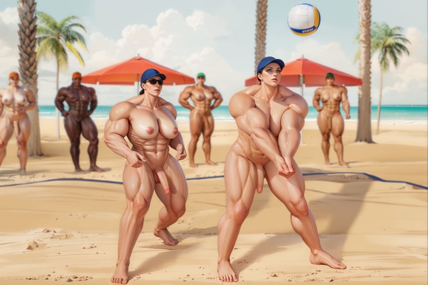 6futas abs absurd_res ai_generated beach beach_volleyball biceps blue_eyes blurry_background breasts broad_shoulders brown_hair dark-skinned_futanari dark_skin depth_of_field dickgirl feet futa_only futanari hands_on_hips hat knoworai light-skinned_futanari light_skin looking_up multiple_futa muscles muscular muscular_arms muscular_futanari muscular_thighs nipples nude ocean outdoors palm_tree realistic sand sky sport stable_diffusion sunglasses tanned_futa tanned_skin thick_thighs umbrella volleyball wide_hips