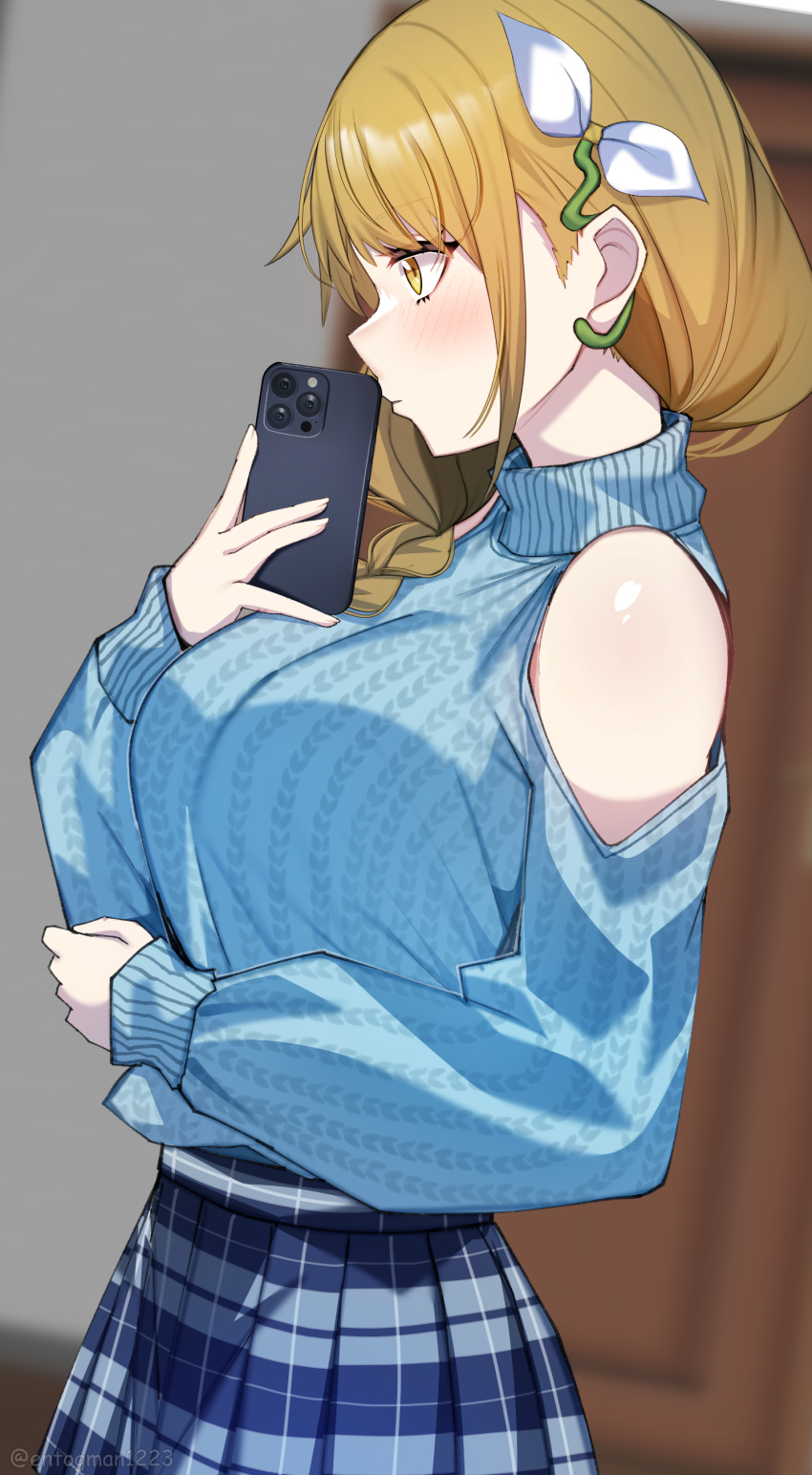 1girls alternate_costume bare_shoulders blonde_hair braid breasts brown_hair door entogman female female_only fire_emblem fire_emblem_engage goldmary_(fire_emblem) hair_over_shoulder indoors large_breasts long_hair long_sleeves mirror_selfie nintendo profile selfie shoulders side_ponytail skirt smartphone solo sweater yellow_eyes