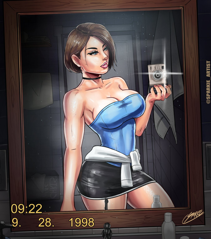 athletic athletic_female busty capcom female female_focus female_only hourglass_figure jill_valentine pinup pinup_pose resident_evil selfie skirt sparkietheartist tagme tubetop wide_hips