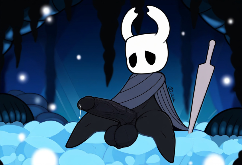 absurd_res ai_generated anthro arthropod balls big_balls big_penis black_body bodily_fluids cloak clothing erection fecharis foreskin genital_fluids genitals glans hellsonger hellsonger_hollow_knight_ai_art hi_res hollow_knight horn huge_balls huge_cock humanoid_genitalia humanoid_penis insects long_penis male melee_weapon penis precum precum_drip precum_string presenting_penis protagonist_(hollow_knight) purple_glans retracted_foreskin sitting small_but_hung solo spread_legs spreading team_cherry thick_penis vein veiny_penis vessel_(species) weapon