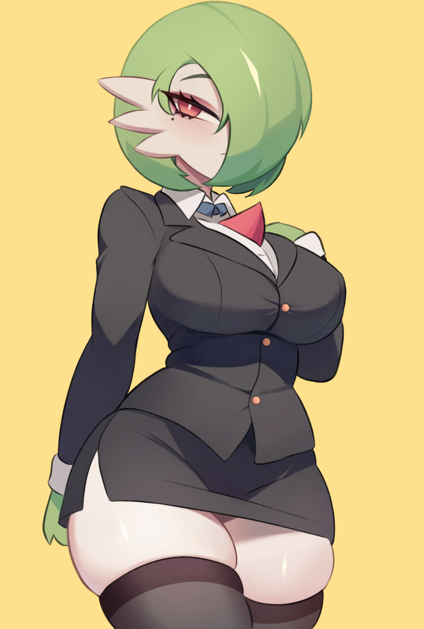 breasts cleavage clothed female female_focus female_only gardevoir green_hair green_skin laabje nintendo pokemon pokemon_(species) pokephilia red_eyes skirt solo suit thick_thighs thighs two_tone_skin white_skin