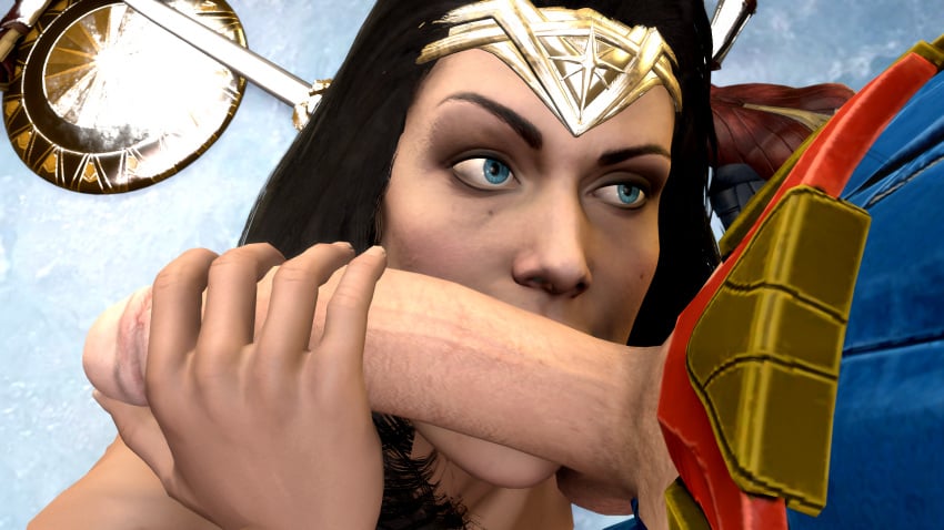 1boy 1girls 3d 3d_(artwork) big_penis black_hair blue_eyes clark_kent clothed clothed_male comic dc dc_comics diana_prince erect_penis fellatio female handjob huge_cock injustice_2 large_penis light-skinned_male light_skin looking_at_partner male masturbating_during_fellatio on_knees penis_on_face penis_out sfmjake straight superman superman_(series) wonder_woman wonder_woman_(series)