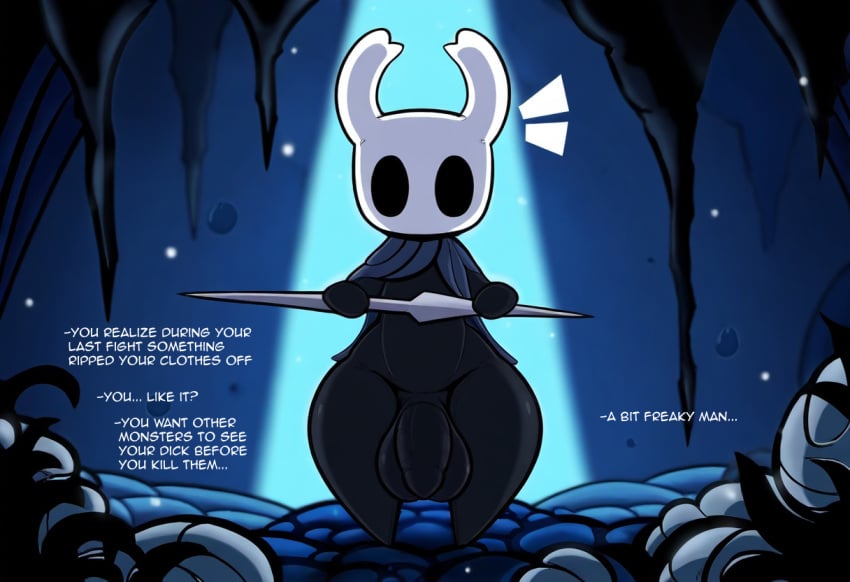 absurd_res ai_generated anthro arthropod balls big_balls big_penis black_body clothing fecharis genitals hellsonger hellsonger_hollow_knight_ai_art hi_res hollow_knight huge_balls huge_cock humanoid_genitalia humanoid_penis hyper hyper_genitalia insects looking_at_viewer male melee_weapon penis protagonist_(hollow_knight) solo solo_male team_cherry text thick_thighs vessel_(species) weapon