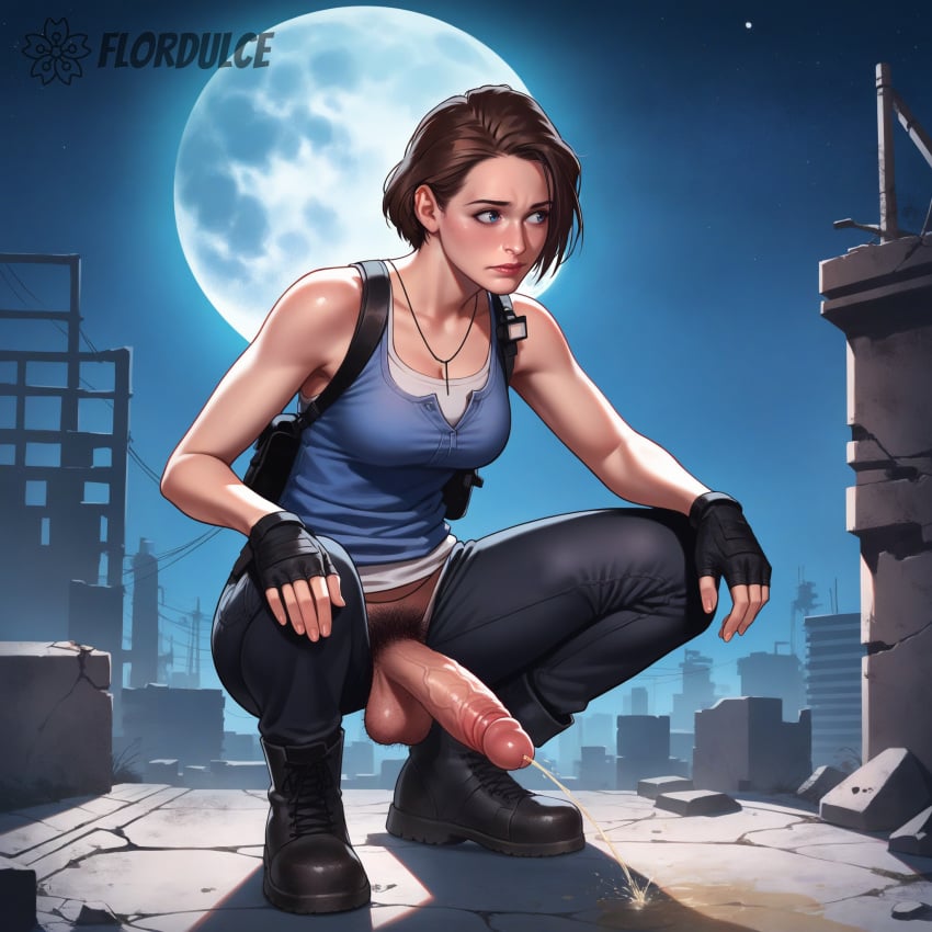 1futa ai_generated ball_hair balls blue_eyes boots brown_hair city erect_penis erection flordulce futa_only futanari gloves hairy_testicles hands_on_knees holster jill_valentine looking_away nervous night night_sky outdoors pants peeing penis pubic_hair resident_evil ruined_city ruins short_hair solo_futa squatting tank_top testicles unzipped_pants urinating urinating_futanari urination