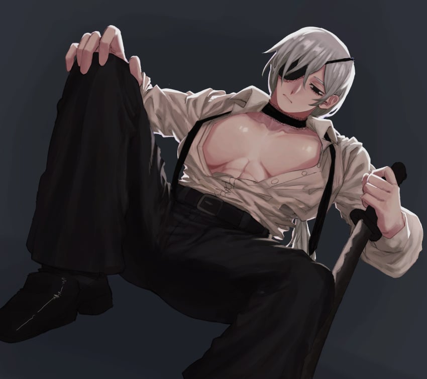 1girls artukolatte breasts button_down chainsaw_man clothed emotionless exposed_breasts eye_patch female female_only grey_hair inner_sideboob large_breasts quanxi_(chainsaw_man) shirt sideboob stomach suit sword tie toned