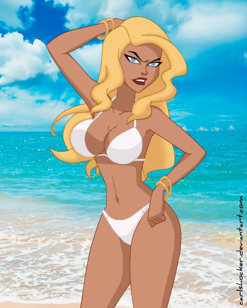 1girls big_breasts bikini black_canary black_canary_(dcau) blonde_hair blue_eyes bracelets breasts carlshocker cleavage dc dc_comics dcau deviantart dinah_lance female female_only gold_(metal) gold_jewelry golden_bracelets hourglass_figure justice_league justice_league_unlimited long_hair navel signature solo solo_female white_bikini