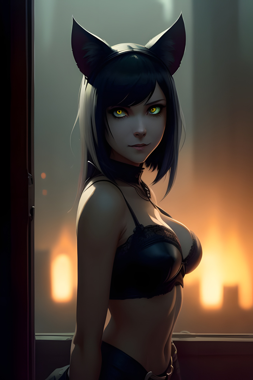 ai_generated big_breasts black_hair cat_ears catgirl cleavage cosplayer feline green_eyes kuku lingerie mouth mouth_closed original_character portrait steampunk