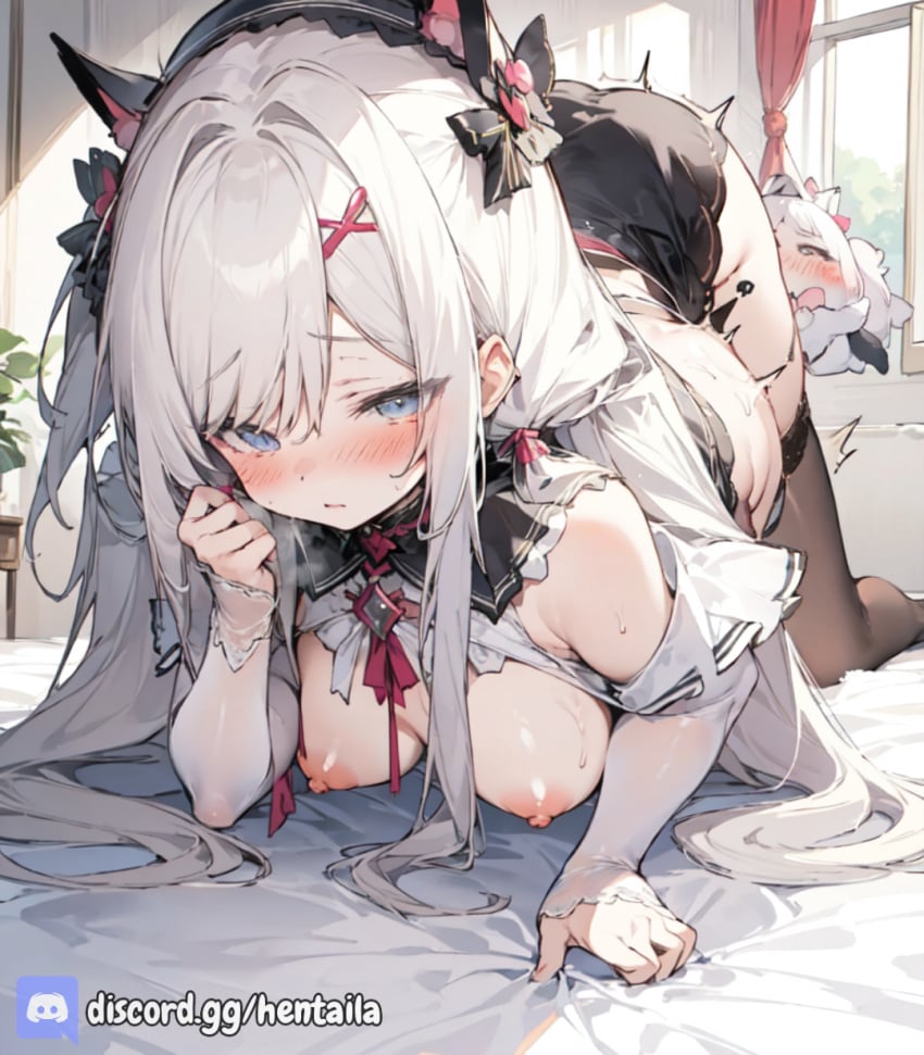 ai ai_generated artificial_intelligence ass big_ass big_breasts big_butt big_thighs blue_eyes blush clothed clothing cowgirl_position cute cute_face discord discord_(app) female female_on_top female_only girly hair long_hair solo thighs white_hair