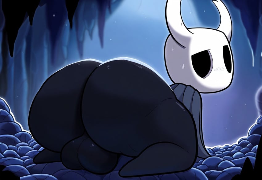 ai_generated anthro arthropod ass balls big_balls big_butt black_body blush cave clothing fecharis genitals hellsonger hellsonger_hollow_knight_ai_art hi_res hollow_knight huge_butt insects looking_back male protagonist_(hollow_knight) rear_view solo solo_male team_cherry thick_thighs vessel_(species)