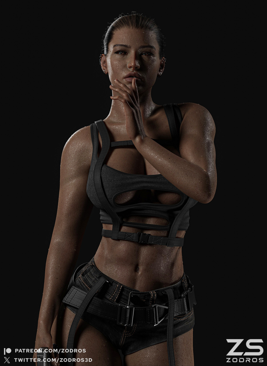 1girls 3d 3d_model 3d_render 3dcg belt big_breasts big_lips blender_(software) blender_cycles brown_eyes brown_hair brunette_hair earrings female female_only human lara_croft looking_at_viewer ponytail shorts solo sweat sweatdrop sweating sweaty sweaty_body sweaty_butt tactical_gear tactical_vest tank_top tomb_raider zodros