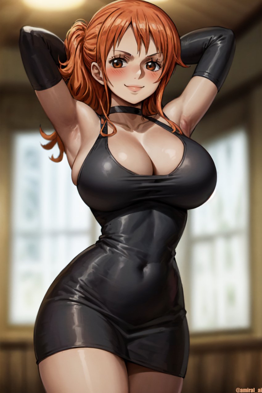 1girls ai_generated amiral_ai armpits breasts cleavage female female_only hips hourglass_figure huge_breasts latex latex_dress long_hair nami one_piece orange_hair post-timeskip presenting_armpit slim_waist thick_thighs thighs wide_hips