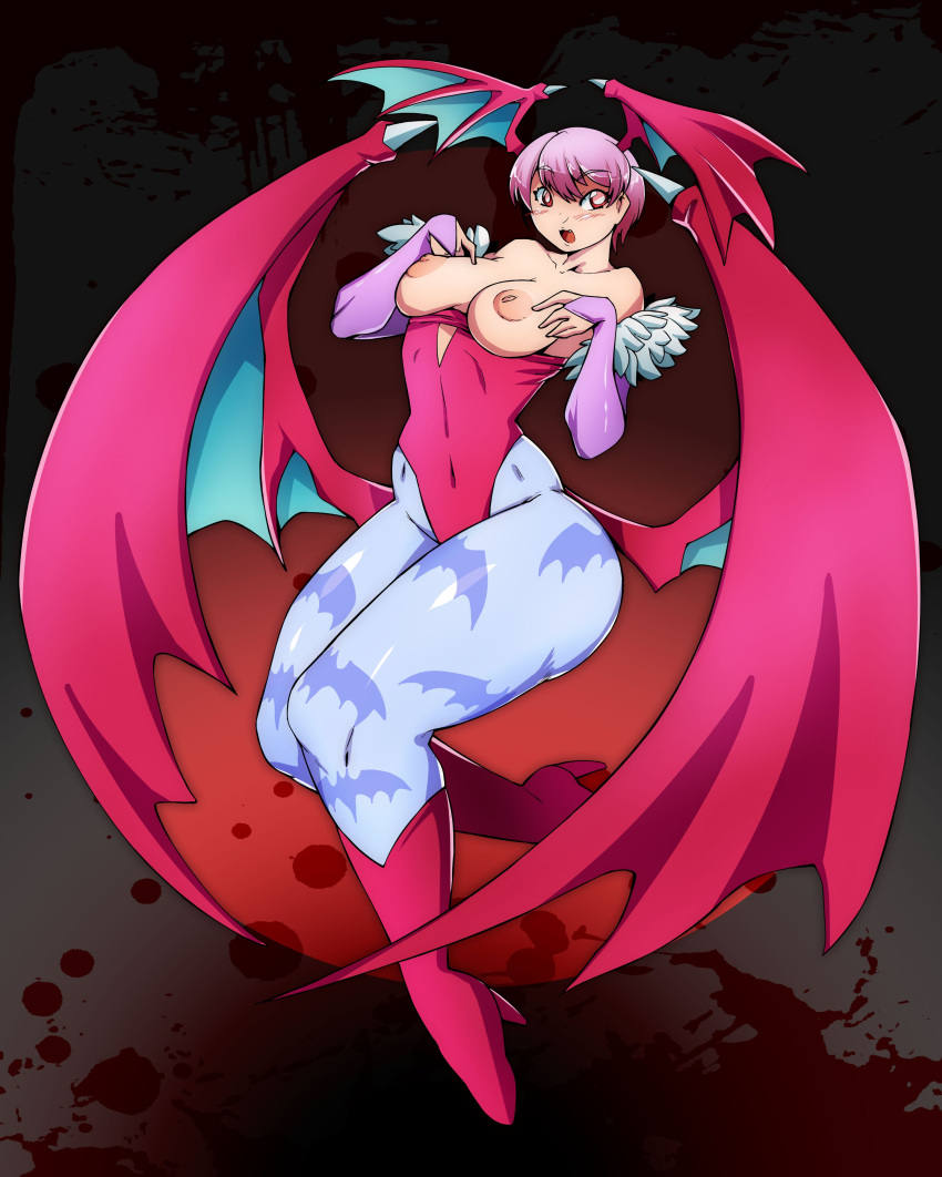 1girls absurd_res areolae bat_print black_background blue_pantyhose breasts breasts_out capcom clothing darkstalkers demon_wings dragoontequila female female_only full_body gauntlets head_wings heel_boots leotard lilith_aensland looking_at_viewer nipples pantyhose pink_eyes pink_hair short_hair small_breasts solo succubus succubus_costume succubus_wings thick_thighs wings