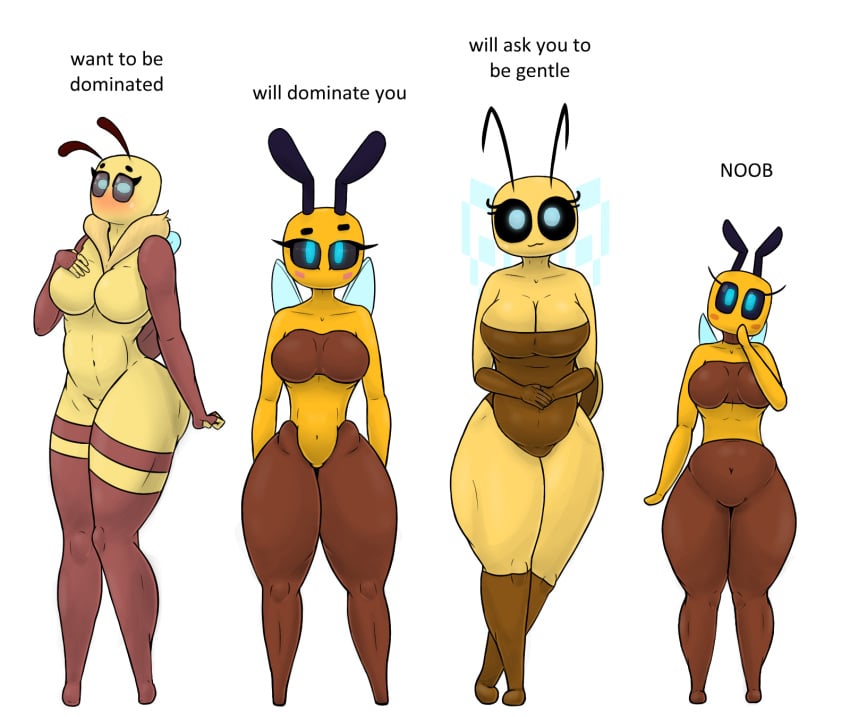 4girls :3 antennae anthro anthro_only anthrofied bee bee_(minecraft) bee_girl belly big_breasts black_sclera blue_eyes blush breasts chubby cleavage eyebrows eyelashes facrec fanart featureless_breasts featureless_crotch female female_only glowing_eyes hand_on_breast hips humanoid large_breasts looking_at_viewer meme microsoft minecraft mojang mouthless multicolored_body multiple_girls navel neck_tuft self_upload size_difference sleeves stinger stockings stripes swimsuit text thick thick_thighs thighs white_background wide_hips wings xbox_game_studios