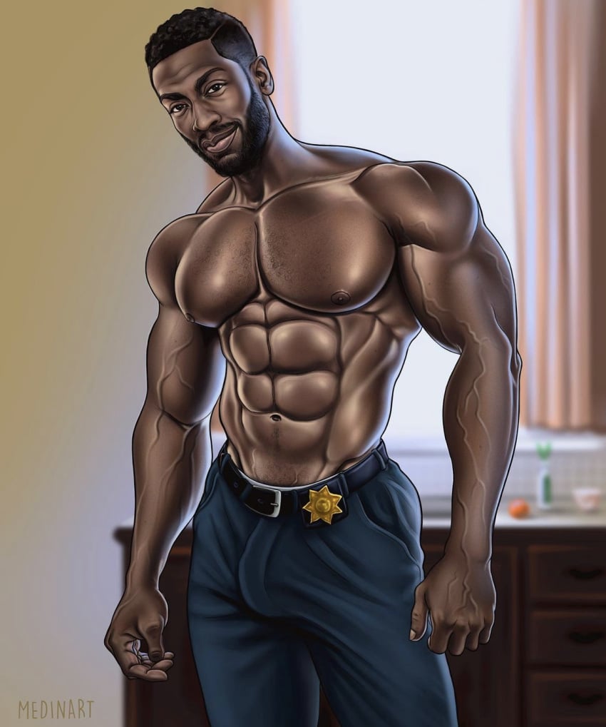 abs african african_male biceps big_bulge big_chest big_pecs bulge bulging_biceps cop dark-skinned_male dark_skin huge_bulge huge_chest huge_pecs james_(medinart) looking_at_viewer male male_only medinart_(david_medina) melanin muscles muscular muscular_male pecs police_officer shirtless_male smiling_at_viewer smooth_chest smooth_skin twitter_user_oc