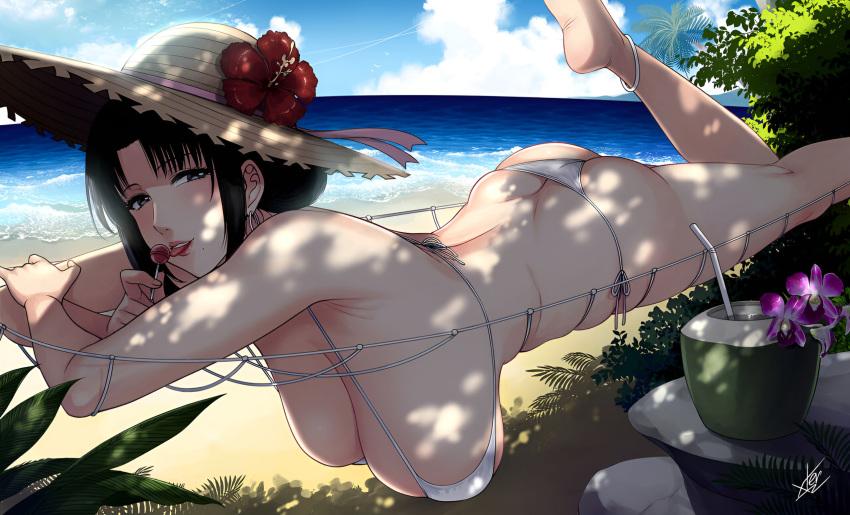 1girls ass black_hair blush breasts clothing hips huge_breasts large_ass large_breasts long_hair looking_at_viewer milf my_mother_the_animation nush_(xter) swimsuit thick_thighs thighs upscaled xtermination