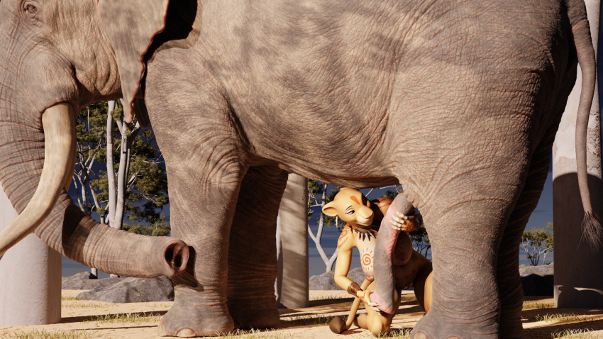 16:9 anthro blender_(software) disney elephant elephantid felid female feral genitals hi_res holding_penis lion male male/female mammal nala nicobay_(artist) outside pantherine penis proboscidean teasing the_lion_king widescreen