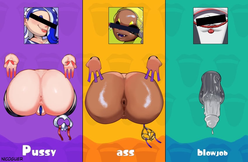 animal_humanoid anthro anus ass balls batoid big_butt big_man_(splatoon) blue_pussy censored_face cephalopod cephalopod_humanoid english_text female fish frye_(splatoon) genitals group hands hi_res humanoid inkling male manta_ray marine marine_humanoid mollusk mollusk_humanoid nicoguer nintendo octarian octoling penis public_use pussy shiver_(splatoon) splatfest splatoon splatoon_(series) splatoon_3 stuck_in_wall text through_wall trio