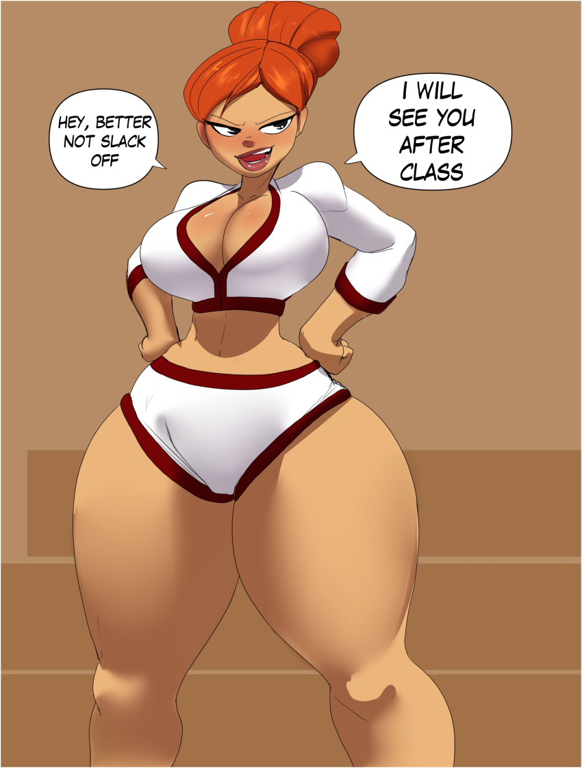 1girls alternate_version_available big_breasts cartoon_network cleavage clothed clothing coach english_text female female_only hand_on_hip hands_on_hips mature_female n-ronin orange_hair pe_teacher_(robotboy) pose robotboy solo speech_bubble teacher text thick_thighs uniform wide_hips