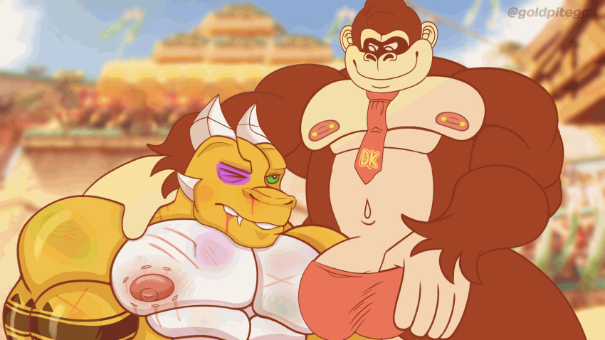 2boys animated anthro ape asmodeus_venomania bite_mark blood bodily_fluids bruised_eye donkey_kong donkey_kong_(series) duo gay goldpitegg haplorhine hi_res male male/male male_only mammal nintendo nosebleed primate reptile scalie snake