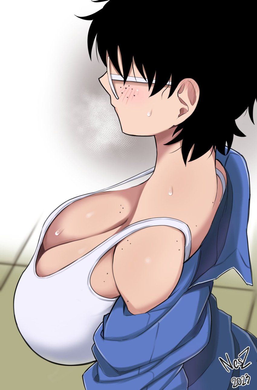 1girls androgynous black_hair blue_shirt blush cleavage female female_focus female_only freckles freckles_on_breasts glasses heavy_breathing jane_(nesz) large_breasts nesz short_hair solo steam sweat sweatdrop sweating tank_top tomboy undressing white_shirt