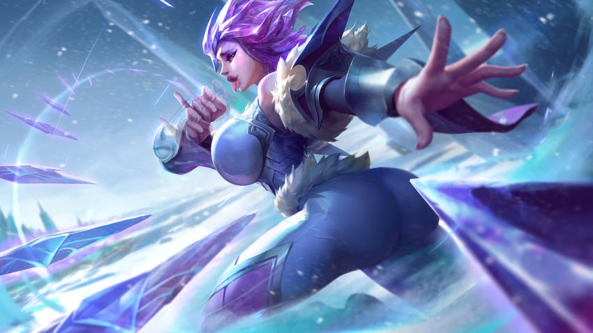 alternate_ass_size alternate_breast_size blue_bodysuit bodysuit edit edited_official_artwork fellatio_gesture frostblade_irelia huge_ass huge_breasts ice irelia_xan large_breasts league_of_legends motion_lines naughty_face purple_hair riot_games snowdown_series sutton184_edits thick_ass thick_thighs third-party_edit tongue tongue_out winter_wonderland_series