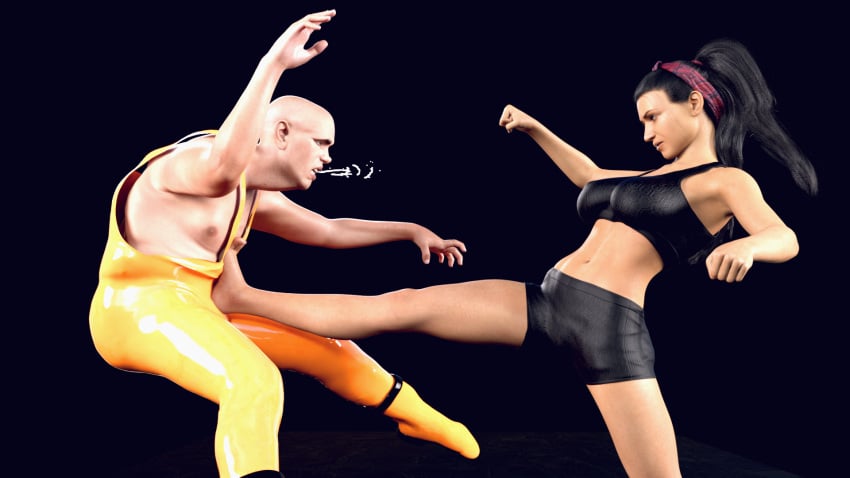 3d athletic beaten big_breasts black_hair clothed dominant_female female fit_female jollybizz katya_sax kick kicking male non_sexual pain sparring strength strong strong_woman submissive_male surprised ugly_man violence warrior weak_resistance