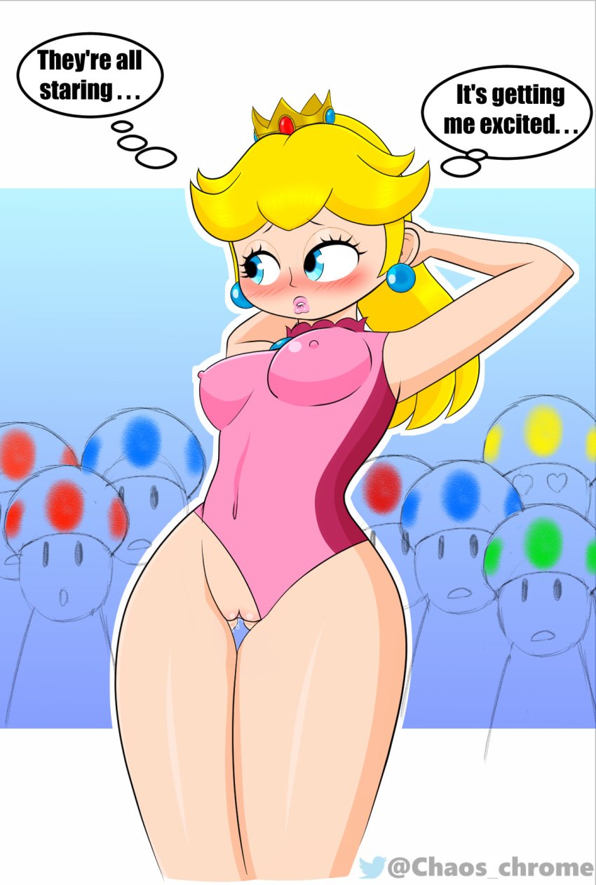 1girls arms_up blonde_hair blue_eyes chaoschrome crown erect_nipples female female_only flashing full_lips leotard leotard_aside lipstick mario_(series) mario_and_sonic_at_the_olympic_games nintendo nipples ponytail princess_peach public_exposure pussy toad_(mario) wet_pussy yellow_hair