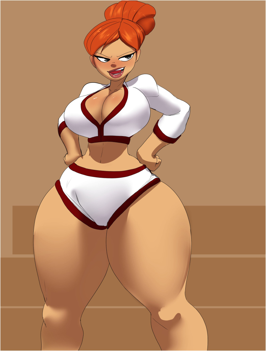 1girls alternate_version_available big_breasts cartoon_network cleavage clothed clothing coach female female_only hand_on_hip hands_on_hips mature_female n-ronin orange_hair pe_teacher_(robotboy) pose robotboy solo teacher thick_thighs uniform wide_hips