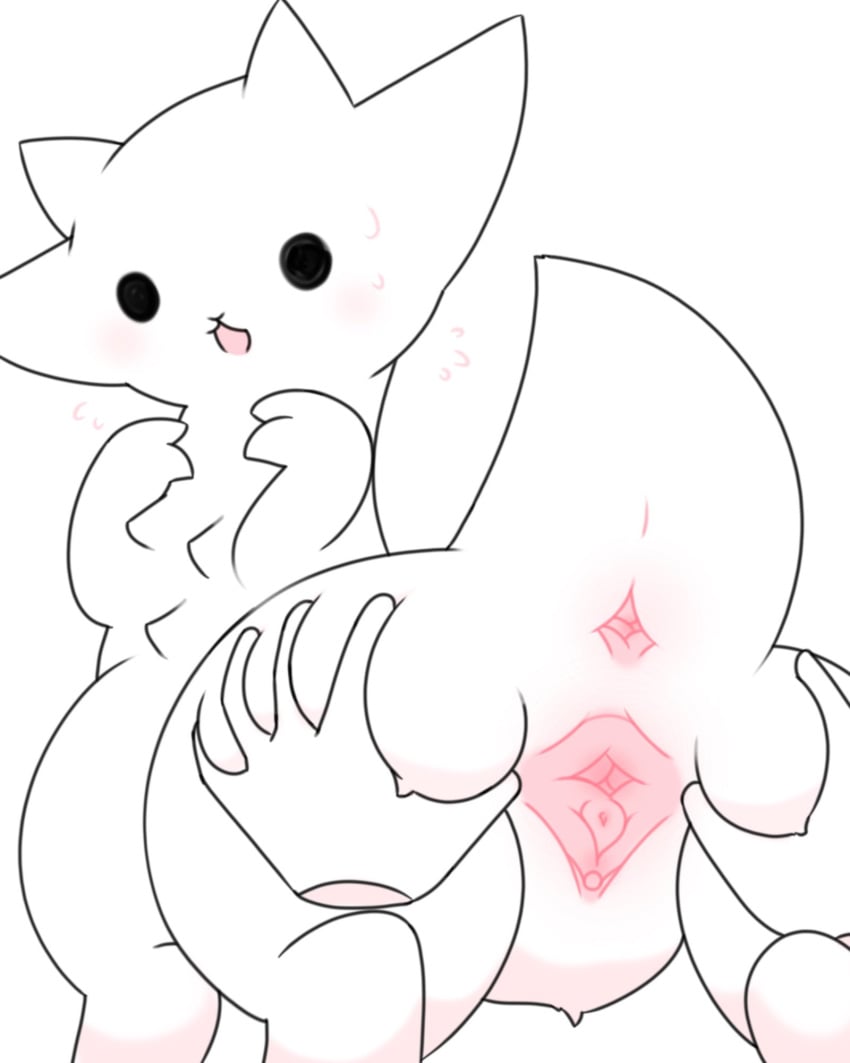 4:5 anus ass bodily_fluids butt_grab clitoris digital_drawing_(artwork) digital_media_(artwork) domestic_cat dragon felid feline felis female feral genitals hand_on_butt hi_res hybrid king_dragon_cat mammal nakimayo pink_anus pink_pussy pussy rear_view simple_background solo solo_focus spread_pussy spreading sweat sweatdrop the_battle_cats urethra white_background