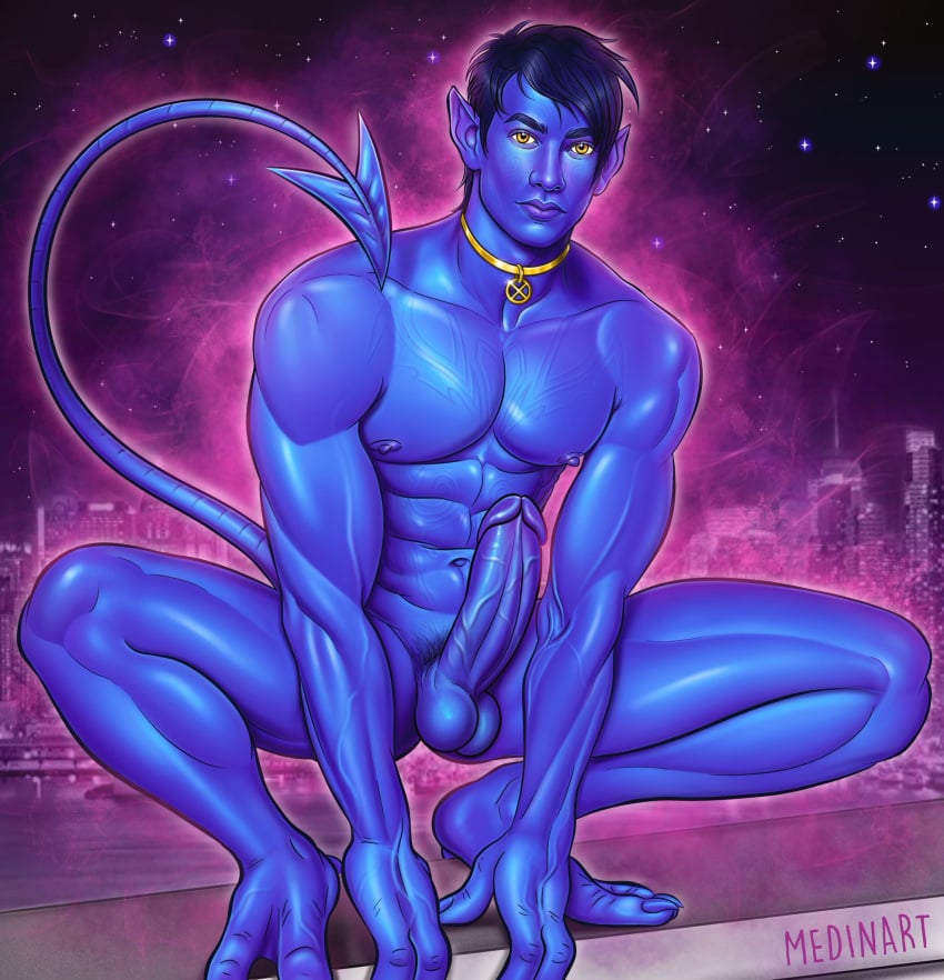 abs biceps blue_skin boner bulging_biceps crouching erect_penis erection hard_on kurt_wagner looking_at_viewer male male_only marvel medinart_(david_medina) muscles muscular muscular_male nightcrawler pecs smooth_skin squatting veiny_penis x-men