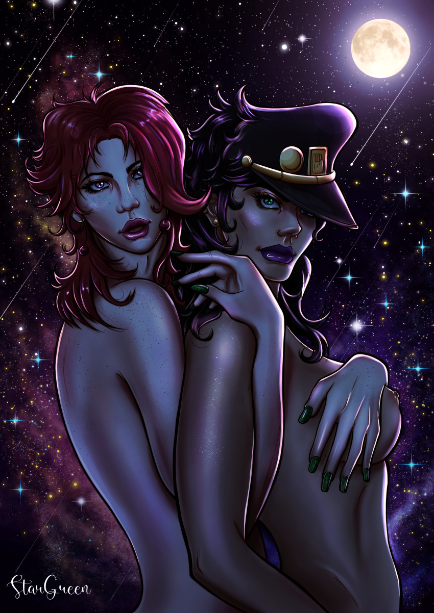 2girls black_hair breasts female female_jotaro genderswap_(mtf) hat human jojo's_bizarre_adventure jotaro_kujo light-skinned_female light_skin long_hair night noriaki_kakyoin red_hair rule_63 shounen_jump stardust_crusaders stargreen tagme