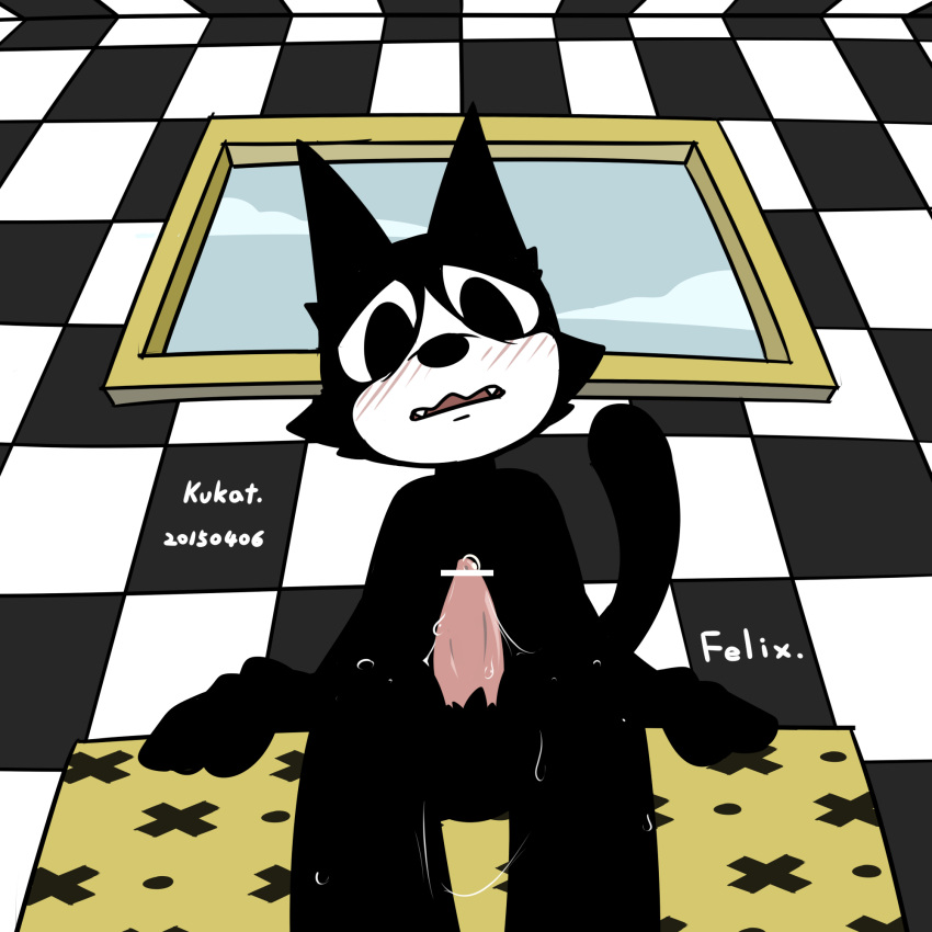 2015 anthro blush domestic_cat dreamworks ejaculation embarrassed erection fangs felid feline felis felix_the_cat felix_the_cat_(series) hi_res inside kukat low-angle_view male mammal open_mouth sitting solo teeth universal_studios window worried