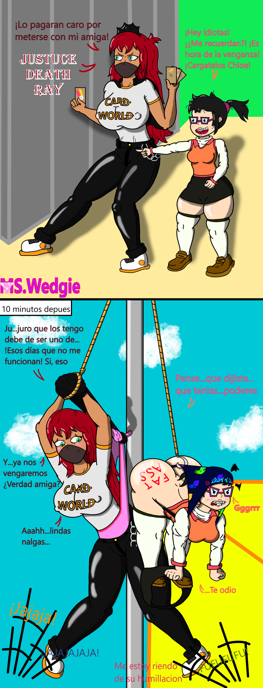 atomic_wedgie big_ass big_teeth black_hair braces brown_skin chloe_jackson_(oc) chuunibyou comic deep_wedgie dialogue dyed_hair flag_pole glasses hands_tied_above_head hanging_wedgie kannah_(mswedgie) laughing mswedgie123 nerd_(character) nerdy_female no_sex oc original_character original_characters ponytail red_hair school shortstack side_ponytail skirt_down spanish_text teal_eyes translation_request wedgie writing_on_ass