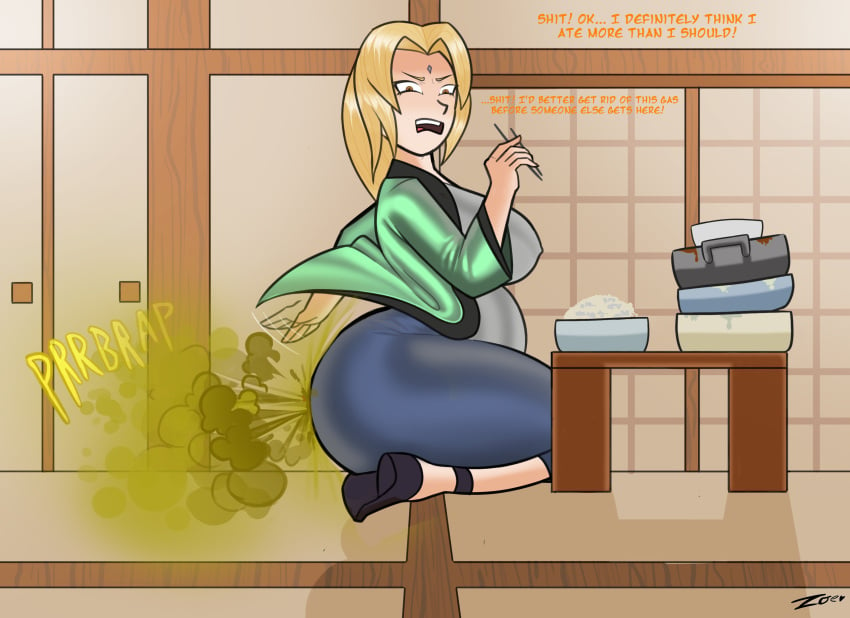 1girls ass belly big_ass big_belly bloated bloated_belly blonde_hair brap dialogue fanning_ass fart fart_cloud fart_fetish farting female gassylegg1ngs naruto naruto_(series) squatting text tsunade