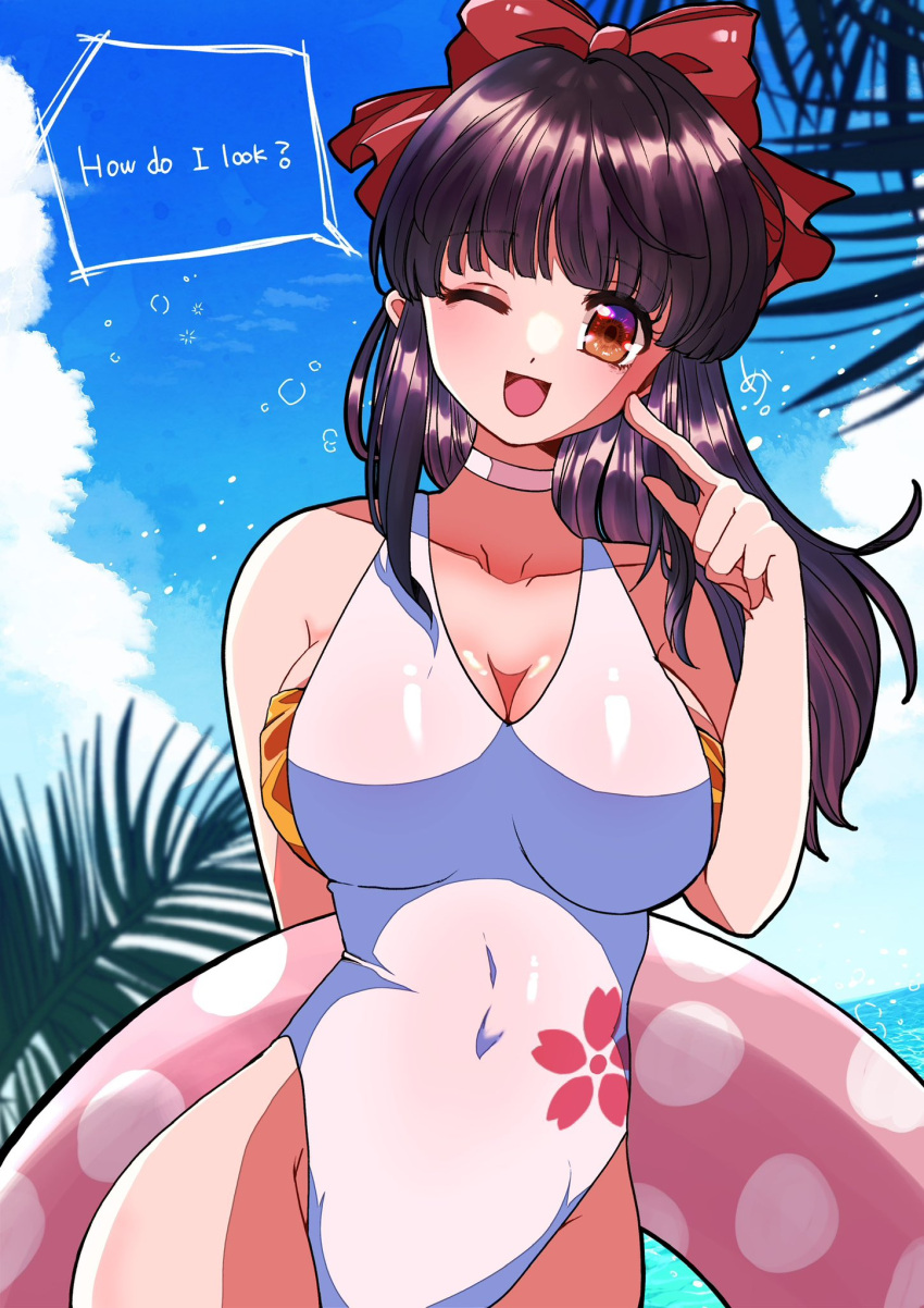 1girls 2023 beach big_breasts breasts brown_eyes busty cleavage covered_navel curvy english_text female female_only hair_ribbon highres index_finger_raised large_breasts legs long_hair meu_(artist) ocean one-piece_swimsuit one_eye_closed open_mouth pointing pointing_at_self ponytail purple_hair ribbon sakura_shinguji sakura_taisen sakura_wars sega smile solo swimsuit thighs voluptuous water wink