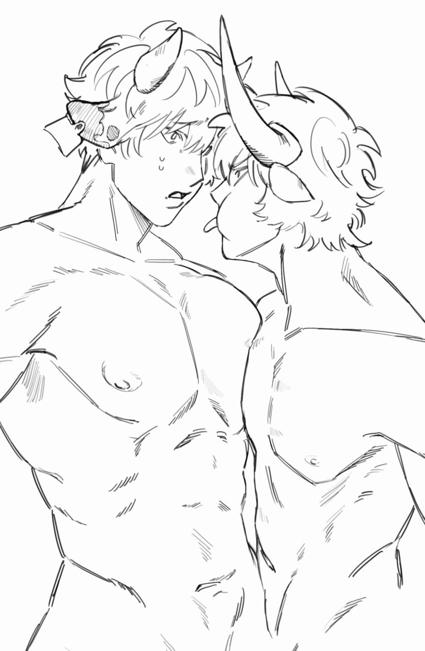 2boys 636shu age_difference bull_horns cow_boy cow_ears cow_horns dual_persona gay gintama gintoki_sakata height_difference kemonomimi looking_at_another male male_only monochrome muscular muscular_male nude pec_squish sketch sweatdrop tongue_out yaoi