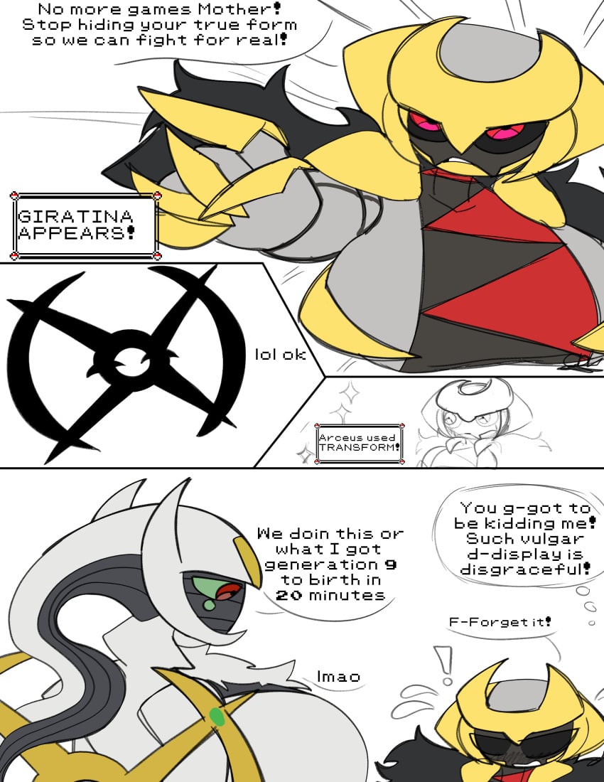 2girls arceus big_breasts blush cdk comic dialogue digital_media_(artwork) female female_only flat_colors gender_transformation giratina massive_breasts no_humans pointing pokemon red_eyes speech_bubble surprised sweat transformation watermark white_background