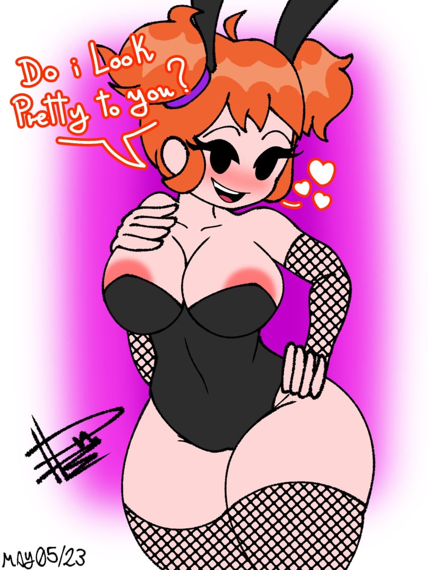 1girls alternate_version_available areolae big_breasts blush bunny_ears bunnysuit d-side_girlfriend dn28_art english_text female female_only fishnet_armwear fishnet_legwear fishnets friday_night_funkin friday_night_funkin_(d-side) friday_night_funkin_mod hand_on_own_breast huge_breasts huge_thighs legwear leotard nipple_outline orange_hair pigtails short_hair smile solo text thick_ass thick_thighs thighhighs thighs