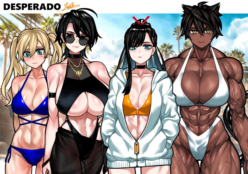 4girls abs animal_ears beach biceps big_breasts bikini blonde_hair cat_ears cat_tail catgirl cleavage curvy dark-skinned_female dark_hair dark_skin earrings female female_only huge_breasts inner_sideboob long_hair looking_at_viewer mao_(yuto_noirm08) mature_female midriff multiple_girls muscular muscular_female muscular_thighs original original_character pale-skinned_female pale_skin short_hair sunglasses swimsuit yuto_noirm08