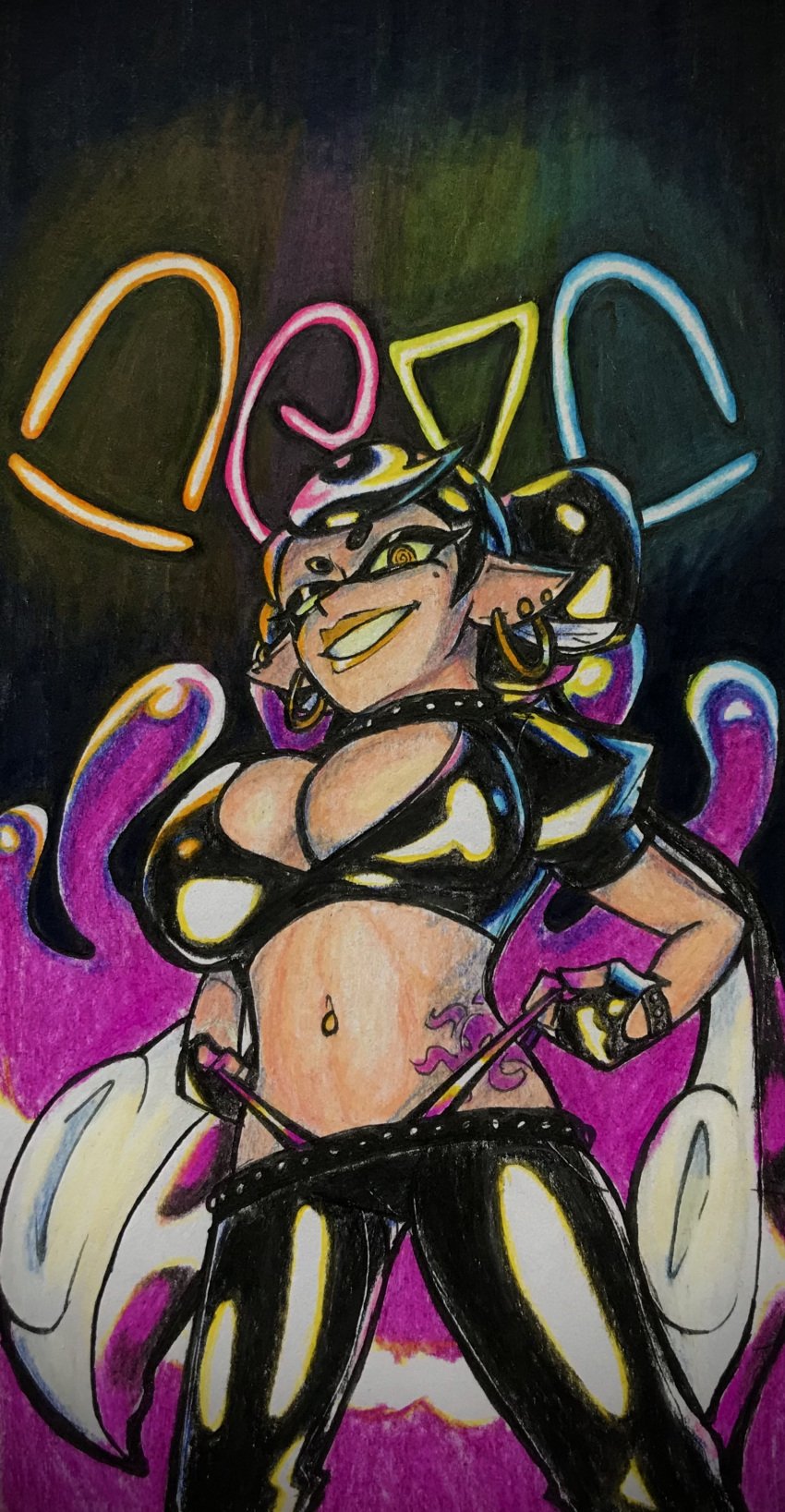 1girls bad_end belly big_breasts brainwashed brainwashing breasts busty callie_(splatoon) clothing corruption ear_piercing earrings female female_only gloves gold gold_(metal) gold_eyes gold_jewelry hoop_earrings hypnosis hypnotic_eyes jewelry large_breasts latex lipstick looking_at_viewer makeup neon neon_lights octarian_tattoo octo_callie oh_gosh_levi shiny shiny_clothes splatoon squid_sisters stomach suggestive tattoo thong tight_clothing tramp_stamp tummy villain villainess