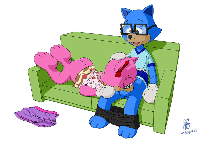 anthro ass blue_body blue_clothing blue_fur blue_shirt blue_topwear clothing domestic_cat duo feet felid feline felis female fur genitals hoodie looking_at_another male male/female male/male mammal pancake_(toontown) penis pink_body pink_fur shirt smile sucking_penis toontown_corporate_clash toontown_online toony topwear uenii