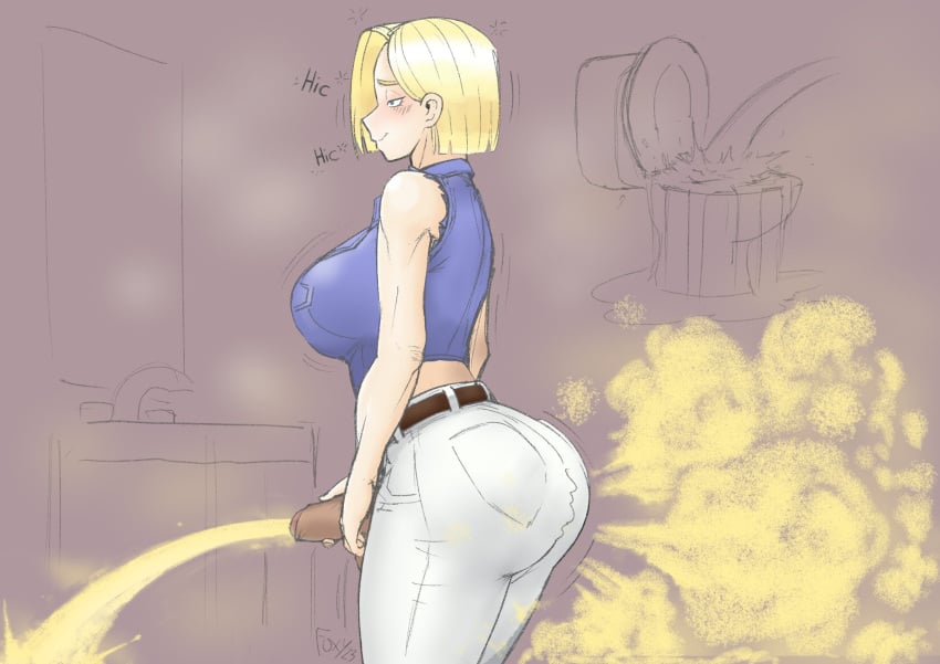 android_18 ass big_ass big_breasts blonde_hair breasts dragon_ball dragon_ball_z drunk fart fart_cloud fart_fetish farting futanari peeing penis snobbyfoxy toilet urine watersports what