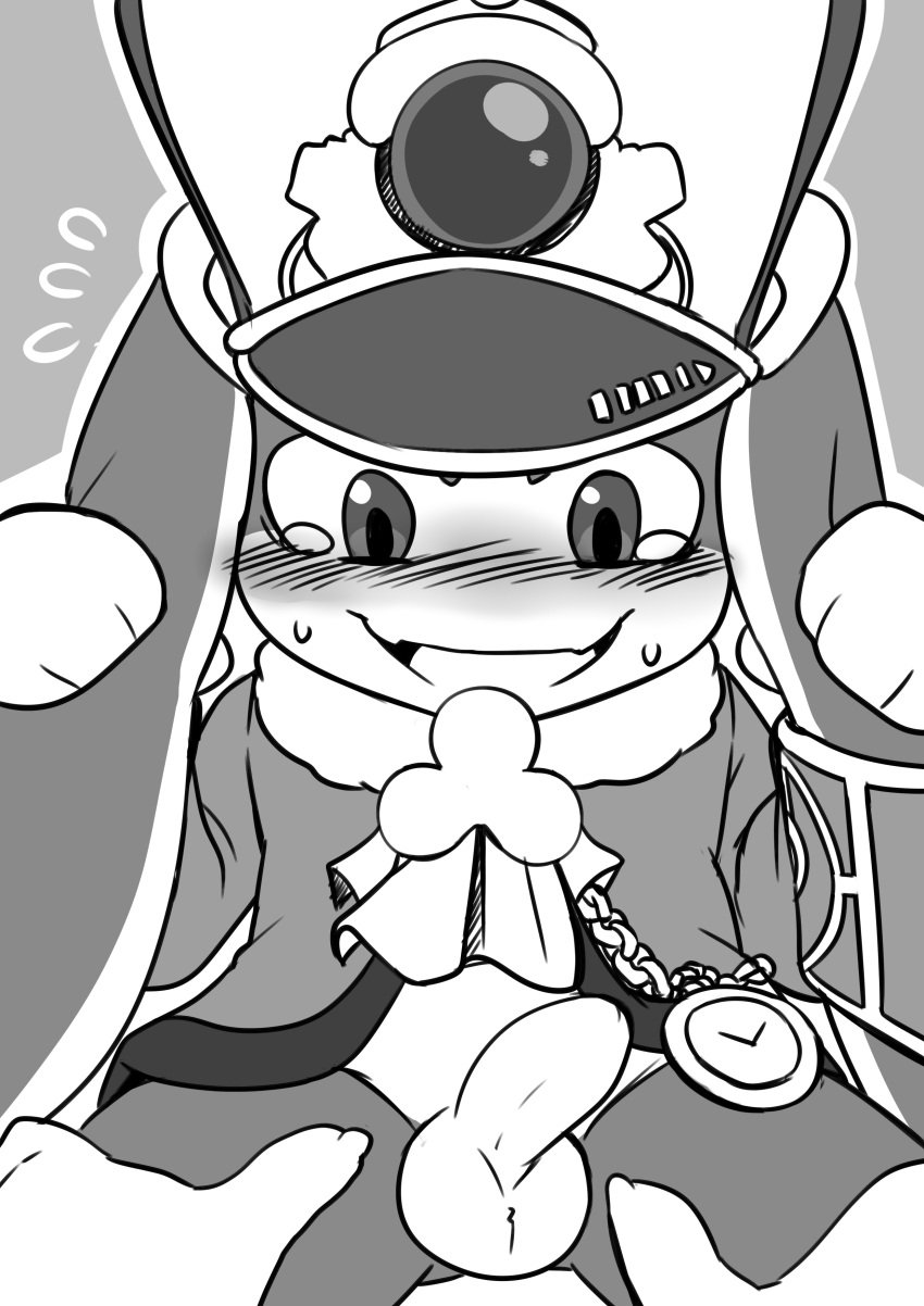 absurd_res ambiguous_gender anthro balls blush bodily_fluids bottomless clock clothed clothing cravat duo emanata genitals greyscale half-erect hands_on_legs hands_on_thighs hat headgear headwear hi_res honkai:_star_rail lagomorph looking_down_at_penis male male/ambiguous mammal mihoyo monochrome penis pocketwatch pom-pom_(honkai:_star_rail) saku1saya solo_focus sweat sweatdrop tears watch